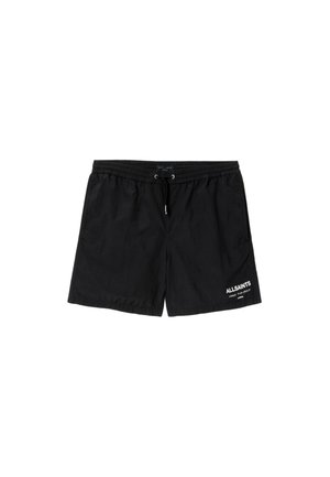 Schwarze Shorts mit elastischem Bund, Kordelzug und weißem "ALLSAINTS"-Logo auf dem unteren linken Bein.