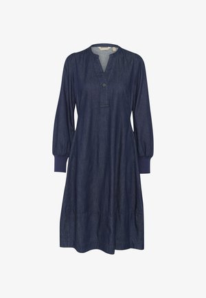 Tmavě modré džínové šaty s výstřihem do véčka a jedním knoflíkem. Mají dlouhé rukávy s žebrovanými manžetami a nařasenou sukni.