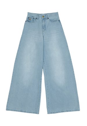 Jeans a gamba larga in denim azzurro chiaro, caratterizzati da vita alta, grandi tasche frontali e un orlo dritto e pulito.