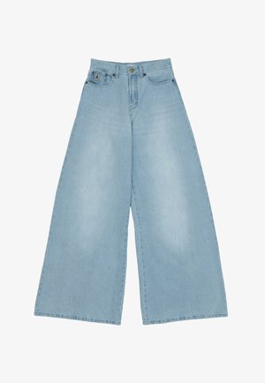 Jeans a gamba larga in denim azzurro chiaro, caratterizzati da vita alta, grandi tasche frontali e un orlo dritto e pulito.