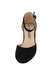 Zapato de tacón alto de ante negro con correa al tobillo, puntera redondeada y plantilla beige. Talla 37 etiquetada en el interior. Textura suave con detalles mínimos.