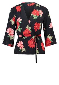 Haut cache-cœur floral noir orné de grandes fleurs rouges et roses. Il présente des manches trois-quarts et une ceinture à nouer, confectionné dans un tissu léger.