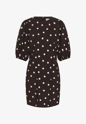 Črna kratka obleka z belimi pikami, napihnjenimi rokavi do komolca in okrogel izrez na vratu.