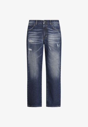 Pantalones vaqueros de mezclilla azul oscuro con pierna recta, presentan desgastes y patrones de desteñido. Cierre con botón metálico y bolsillos delanteros y traseros.