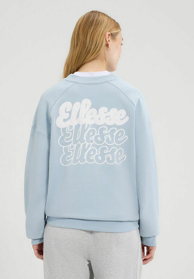 Sudadera azul claro con cuello redondo y mangas raglán. Cuenta con un gran logo estilizado en blanco en la parte posterior, textura suave y corte relajado.