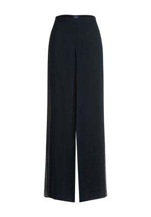 Zwarte broek met hoge taille en wijde pijpen, met een spleet aan de voorkant in het midden en gladde stof, geschikt voor formele of professionele kleding.