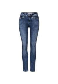 Jeans attillati di colore blu scuro in denim. Presentano una chiusura con bottone e zip, tasche anteriori e dettagli di cucitura discreti lungo i lati.
