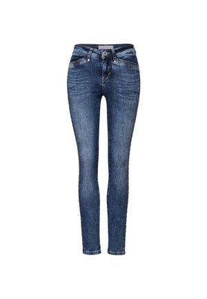 Jeans attillati di colore blu scuro in denim. Presentano una chiusura con bottone e zip, tasche anteriori e dettagli di cucitura discreti lungo i lati.