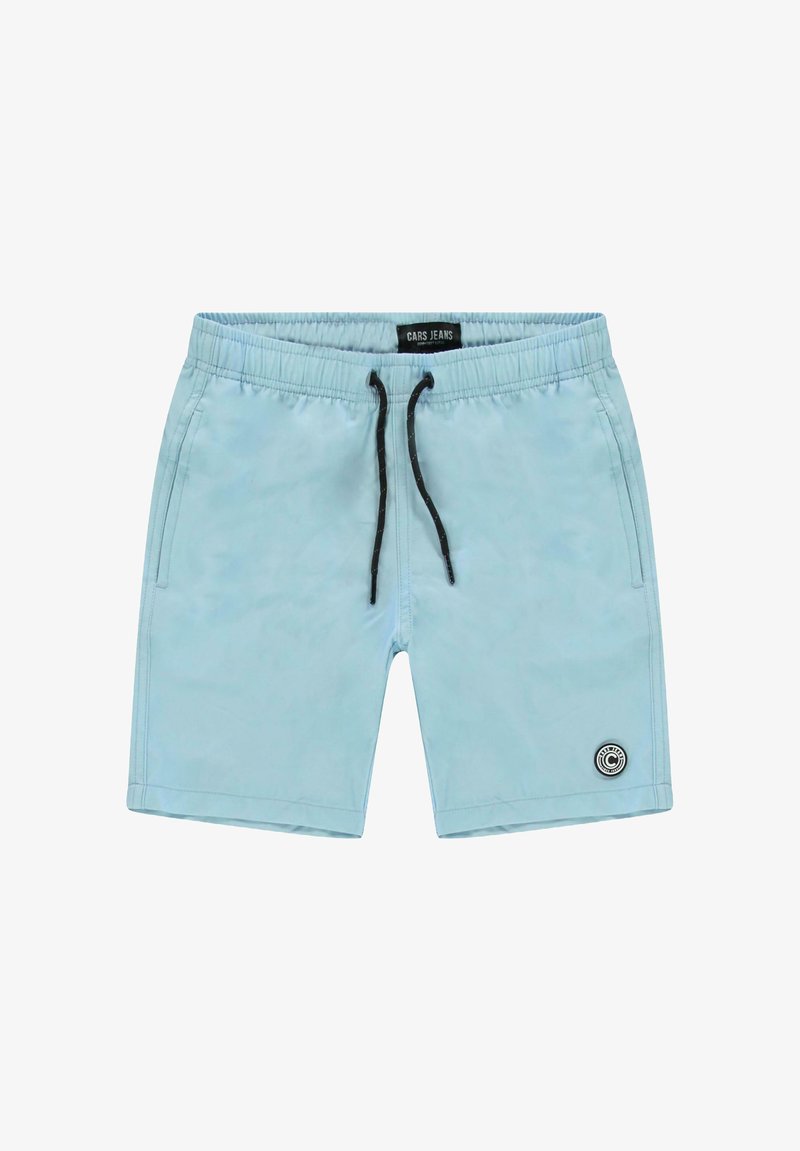 Lichtblauwe zwembroek met een elastische tailleband, zwarte trekkoord en zijzakken. Bevat een cirkelvormig logo op het lagere rechterbeen.