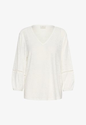 Witte blouse met een V-hals, ballonsleeves en ingewikkelde perforaties. Zachte stof met een gestructureerde uitstraling.