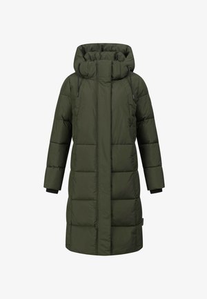 Olijfgroen, knielange pufferjas met een capuchon, voorzien van een geborduurd design, verstelbare koordjes en zwarte gebreide manchetten.