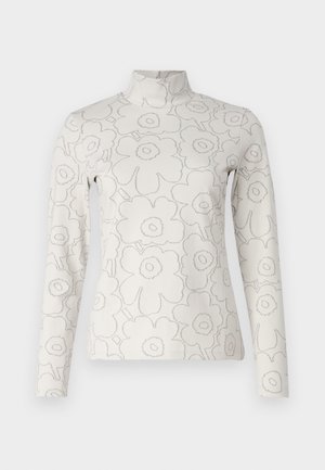 Gara piedurknēm turtlenecks vieglā krēmkrāsā, kas piedāvā paaugstinātu ziedu rakstu pelēkā krāsā, ar pieguļošu siluetu un bez aizdariem.