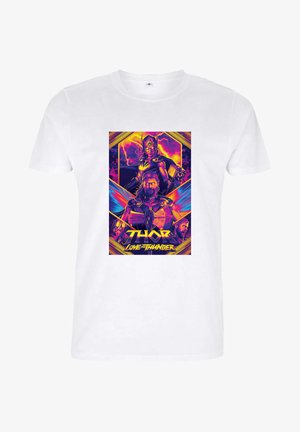 T-shirt bianco in cotone con una grafica vivace e multicolore che raffigura i personaggi di "Thor: Love and Thunder" in un design incorniciato.