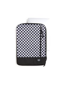 Funda para portátil en blanco y negro a rayas con un compartimento con cremallera. Hecha de un tejido duradero, presenta una sección inferior negra y un logotipo.