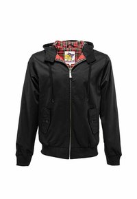 Veste à capuche noire avec fermeture éclair à l'avant, deux poches avant et une doublure à carreaux rouges. Tissu doux avec des poignets et un ourlet côtelés.