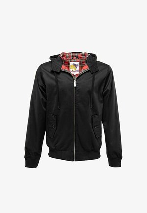 Veste à capuche noire avec fermeture éclair à l'avant, deux poches avant et une doublure à carreaux rouges. Tissu doux avec des poignets et un ourlet côtelés.