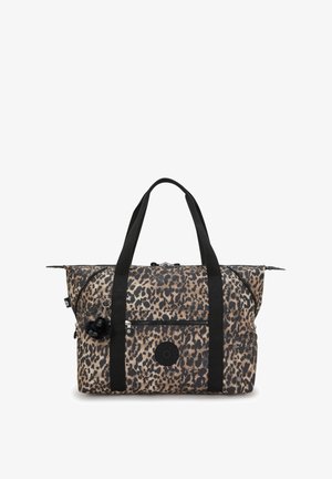 Sac en imprimé léopard avec des anses noires, doté d'un compartiment principal zippé et d'une poche avant. Comprend un détail de charme en fourrure.