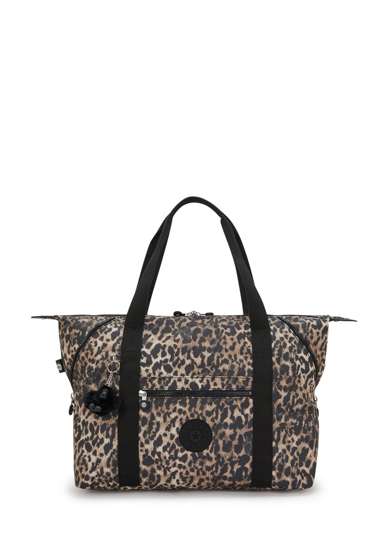 Leopard print bag with black straps, featuring a zippered main compartment and front pocket. Includes a furry charm detail.