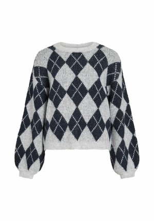 Strikket sweater i lyst grå med marineblåt argyle-mønster, med rund halsudskæring og oversize, puffede ærmer. Blødt, tekstureret stof.