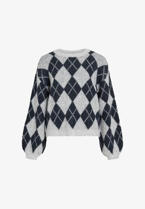 Pull tricoté gris clair avec motif losanges bleu marine, doté d'un col rond et de manches bouffantes surdimensionnées. Tissu doux et texturé.