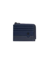 Portafoglio portacarte blu navy in materiale testurizzato con molteplici scomparti per carte, un comparto con zip e dettagli di cuciture a contrasto.