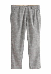 Gray plaid trousers with contrasting light and dark lines. Features a tailored fit, pleated front, and waistband with a button closure.