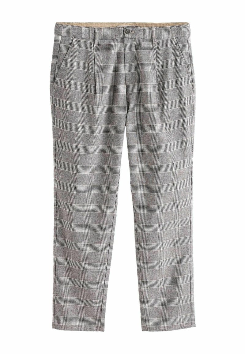 Gray plaid trousers with contrasting light and dark lines. Features a tailored fit, pleated front, and waistband with a button closure.