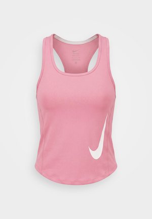 Pink ærmeløs atletisk tanktop med racerback og stort hvidt Nike swoosh-logo på nederste højre side.