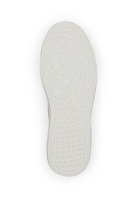 Suola di scarpa in gomma bianca con motivo di grip testurizzato e logo impresso. Forma curvata con bordi rinforzati per durata e supporto.