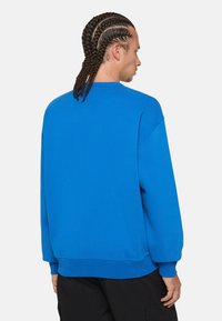 Sudadera azul con corte holgado, puños y dobladillo acanalados. Confeccionada en una tela suave de textura lisa. Diseño liso en la parte posterior.