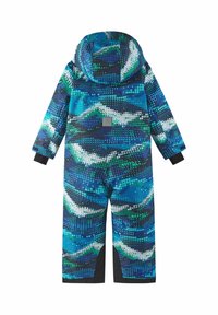 Multi-color, patterned snowsuit with a hood. Features blue, green, and white designs, featuring a dotted texture. Includes black accents on cuffs.