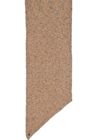 Écharpe tricotée beige longue et asymétrique avec des éclats multicolores subtils et un petit détail rond noir près d'une extrémité pointue.