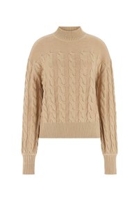 Beige gestrickter Pullover mit hohem geripptem Kragen, der ein Zopfmuster sowie gerippte Bündchen und Saum aufweist und so einen strukturierten Look kreiert.