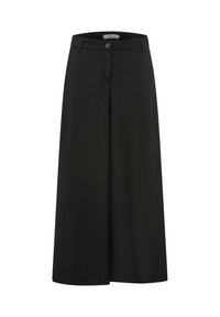 Pantalons larges noirs à taille haute, dotés d'une fermeture à bouton et d'une texture de tissu lisse. Design épuré, adapté à diverses occasions.