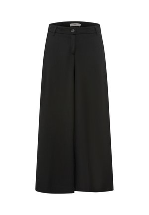 Pantalons larges noirs à taille haute, dotés d'une fermeture à bouton et d'une texture de tissu lisse. Design épuré, adapté à diverses occasions.