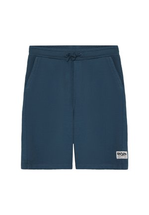 Dunkelblaue Freizeitshorts mit Fronttaschen, einem verstellbaren Kordelzugbund und einem kleinen rechteckigen Etikett am unteren linken Bein.