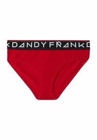 Röda underkläder med svart midjeband som har vit "DANDYFRANK" text. Slät tyg, låg midja med sidotäckning.