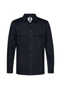 Marineblauw overhemd met knopen, gemaakt van een gestructureerde stof, met twee borstzakken en een klassieke kraag. De knopen zijn donkerbruin, wat contrast toevoegt.