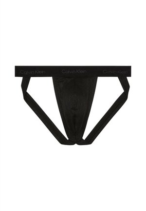 Schwarzer Calvin Klein Herren-Jockstrap mit gebrandetem Taillenbund und Netzstoff-Beutel, entwickelt für sportlichen Halt und Belüftung.