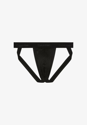 Sort Calvin Klein herre jockstrap med mærketalje og netstof pouch, designet til atletisk støtte og ventilation.