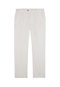 Hellbeige Hose aus einem strukturierten Stoff. Merkmale sind zwei Vorderaschen, ein Knopfverschluss und ein gerades Bein.