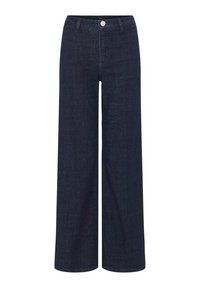 Brede donkerdenim jeans met een hoge taille, voorzien van een sluiting met een knop aan de voorkant en minimale stikseldetails. Gladde textuur en effen kleur.