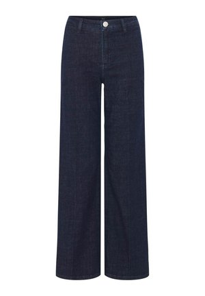 Wide-leg dark denim jeans with a high waist, featuring a front button closure and minimal stitching details. Smooth texture and solid color.