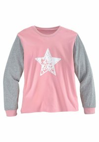 Ružičasta majica s dugim rukavima sa sivim rukavima; sadrži veliki bijeli grafički uzorak zvijezde na prednjem dijelu s izgledom habanja. Mekani pamučni materijal.