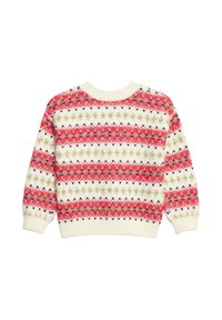 Suéter de punto rojo y crema con patrón de rayas horizontales, acentos dorados y detalles en azul oscuro. Cuello y puños acanalados.