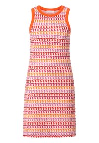 Mouwloze jurk met een textuur gebreide patroon in levendige kleuren: rood, oranje, roze en crème. Ronde halslijn met oranje bies.