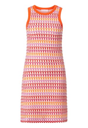 Ärmelloses Kleid mit einem strukturierten Strickmuster in lebhaften Farben: Rot, Orange, Pink und Creme. Rundhalsausschnitt mit orangefarbener Einfassung.