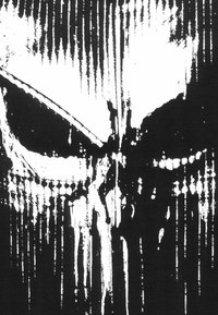 Black fabric featuring a bold, stylized white skull design with drips and streaks, creating a textured, distressed appearance.