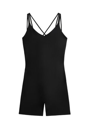 Black romper with a v-neckline, thin crisscross straps, and a textured fabric. The design features a relaxed fit and shorts hemline.