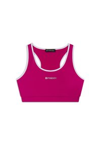 Top sportivo fucsia con bordi bianchi, scollatura a giro e design racerback. Presenta un logo argento centrato sul davanti. Tessuto dalla superficie liscia.